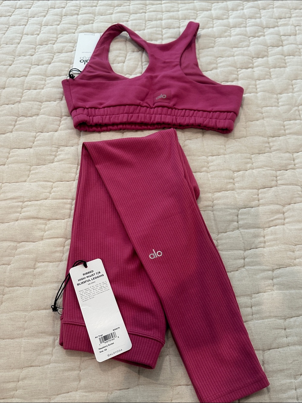 NWT ALO Yoga Ribbed Legging & Bra Set in Raspberry Sorbet Pink